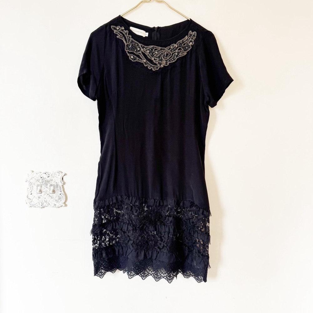 Johnny Was Love and Liberty Black Silk Delicate Lace Rhinestone Appliqué Dress S